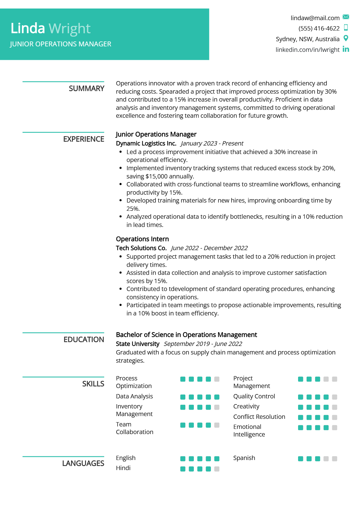 Junior Operations Manager Resume - Resume Sample