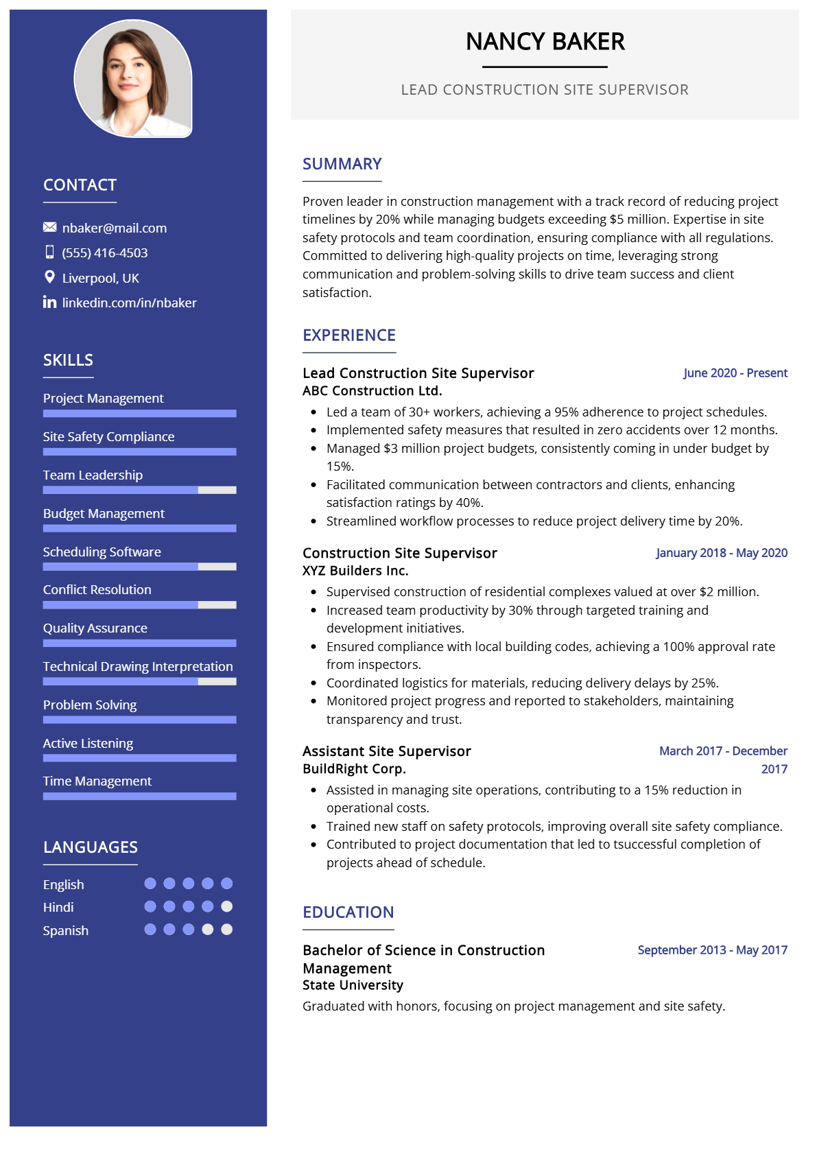 Lead Construction Site Supervisor Resume - Resume Sample