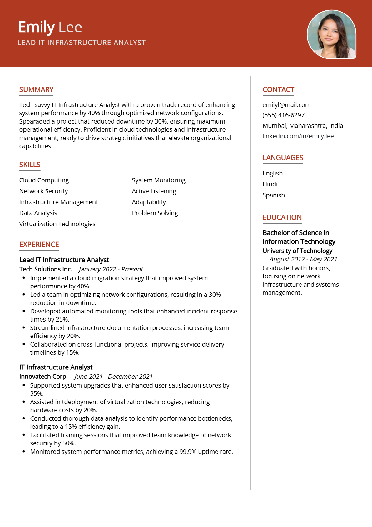 Lead IT Infrastructure Analyst Resume - Resume Sample