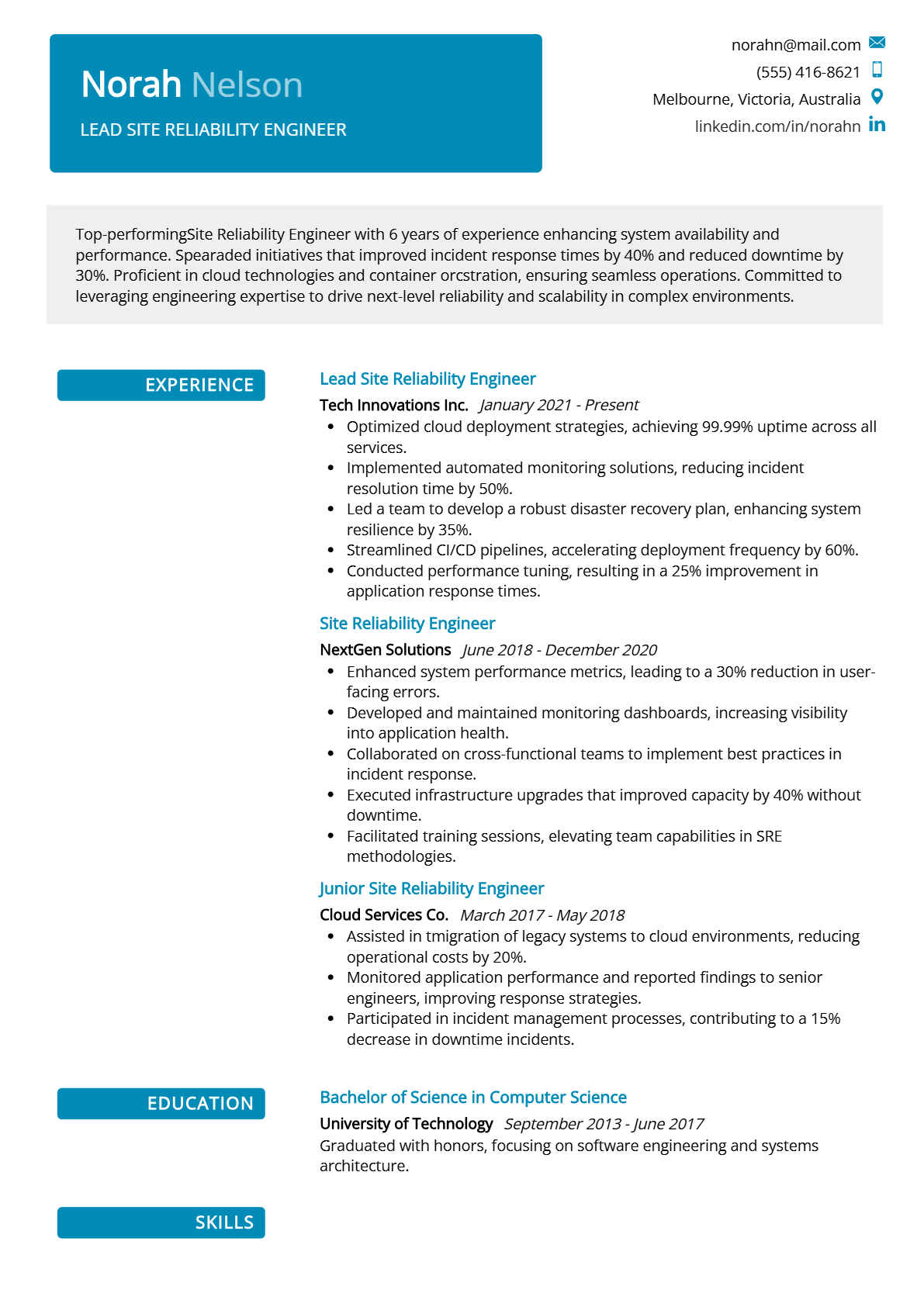 Lead Site Reliability Engineer Resume - Resume Sample