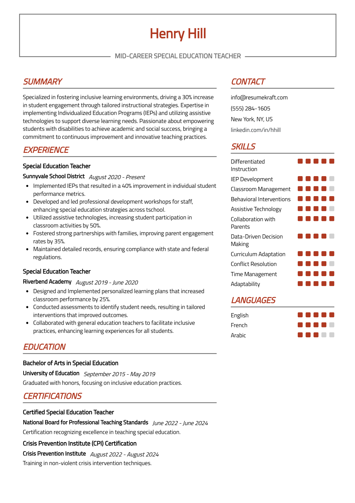 Mid-Career Special Education Teacher Resume - Resume Sample