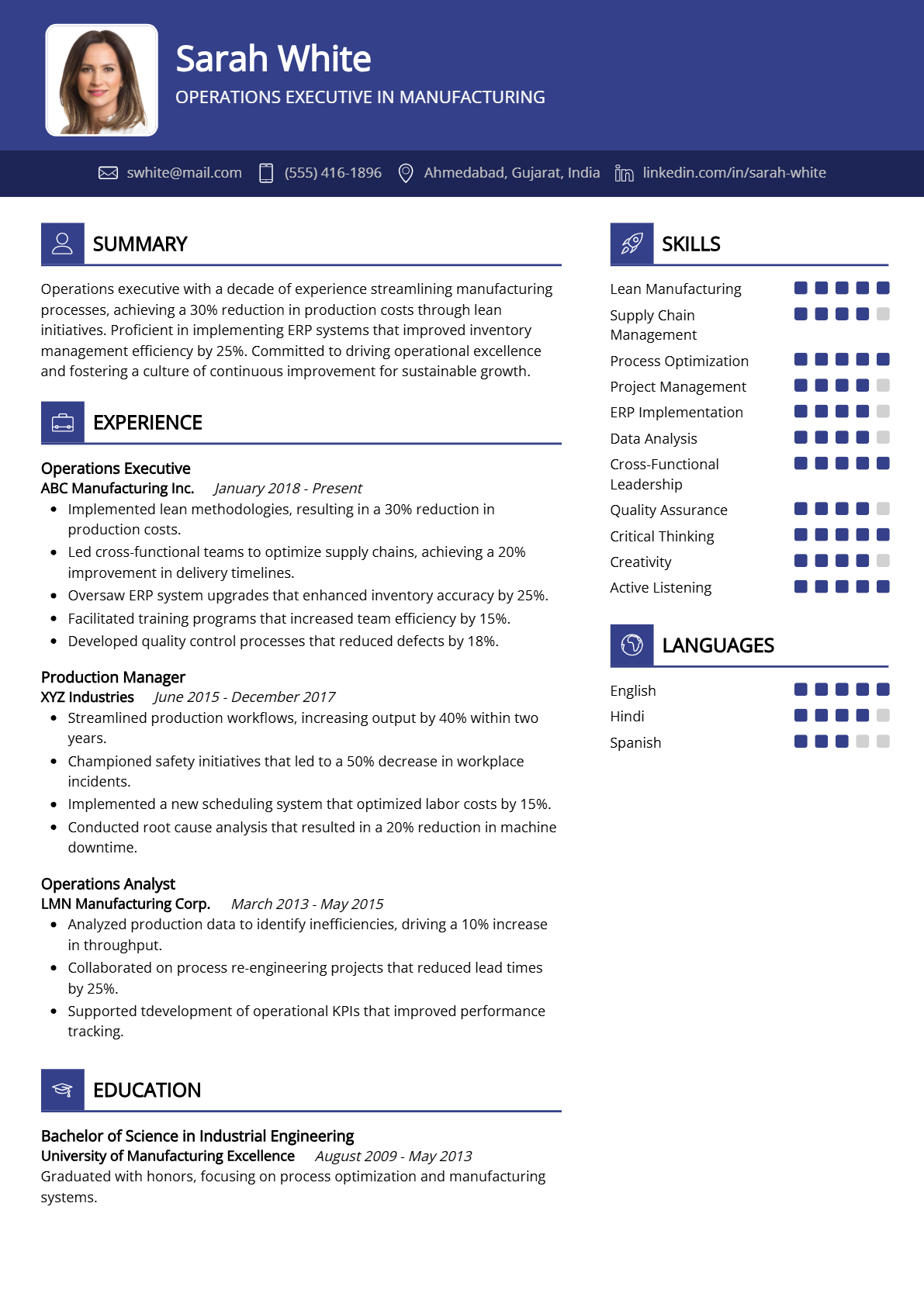 Operations Executive in Manufacturing Resume - Resume Sample