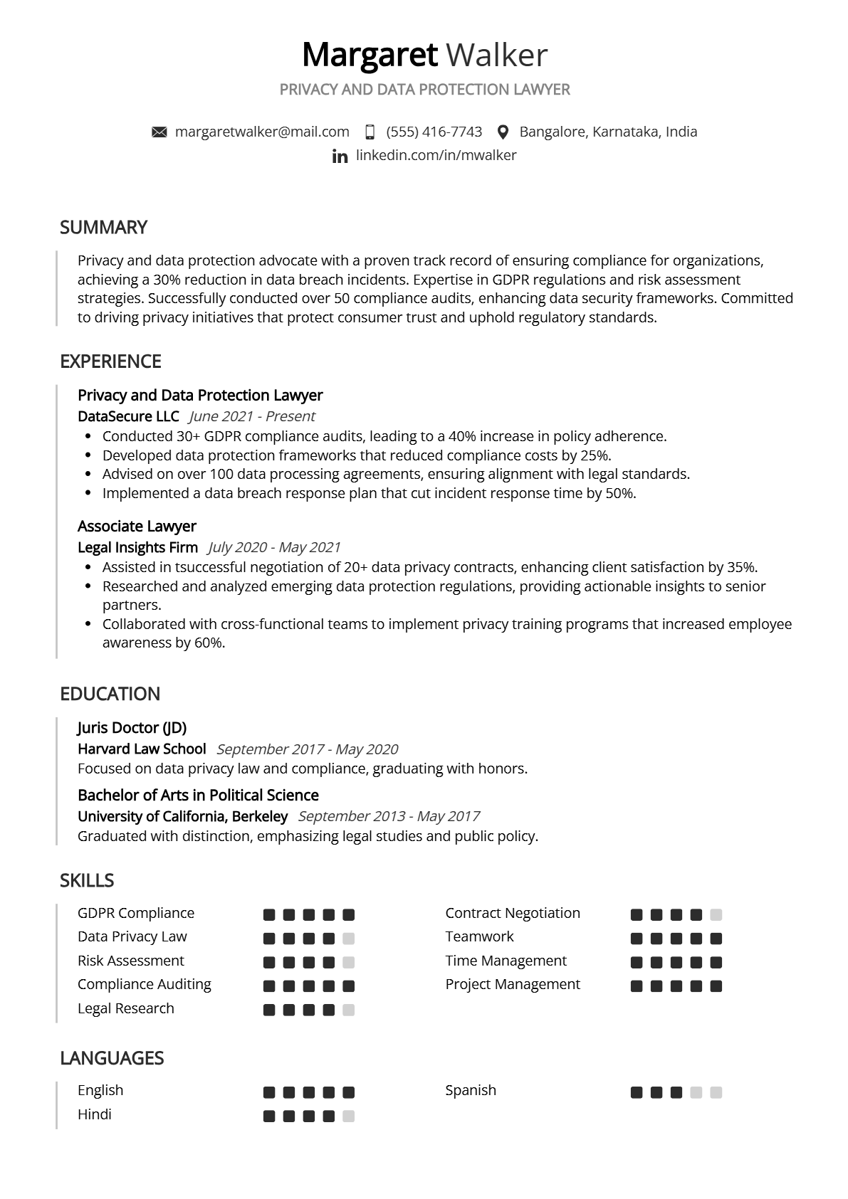 Privacy and Data Protection Lawyer Resume - Resume Sample
