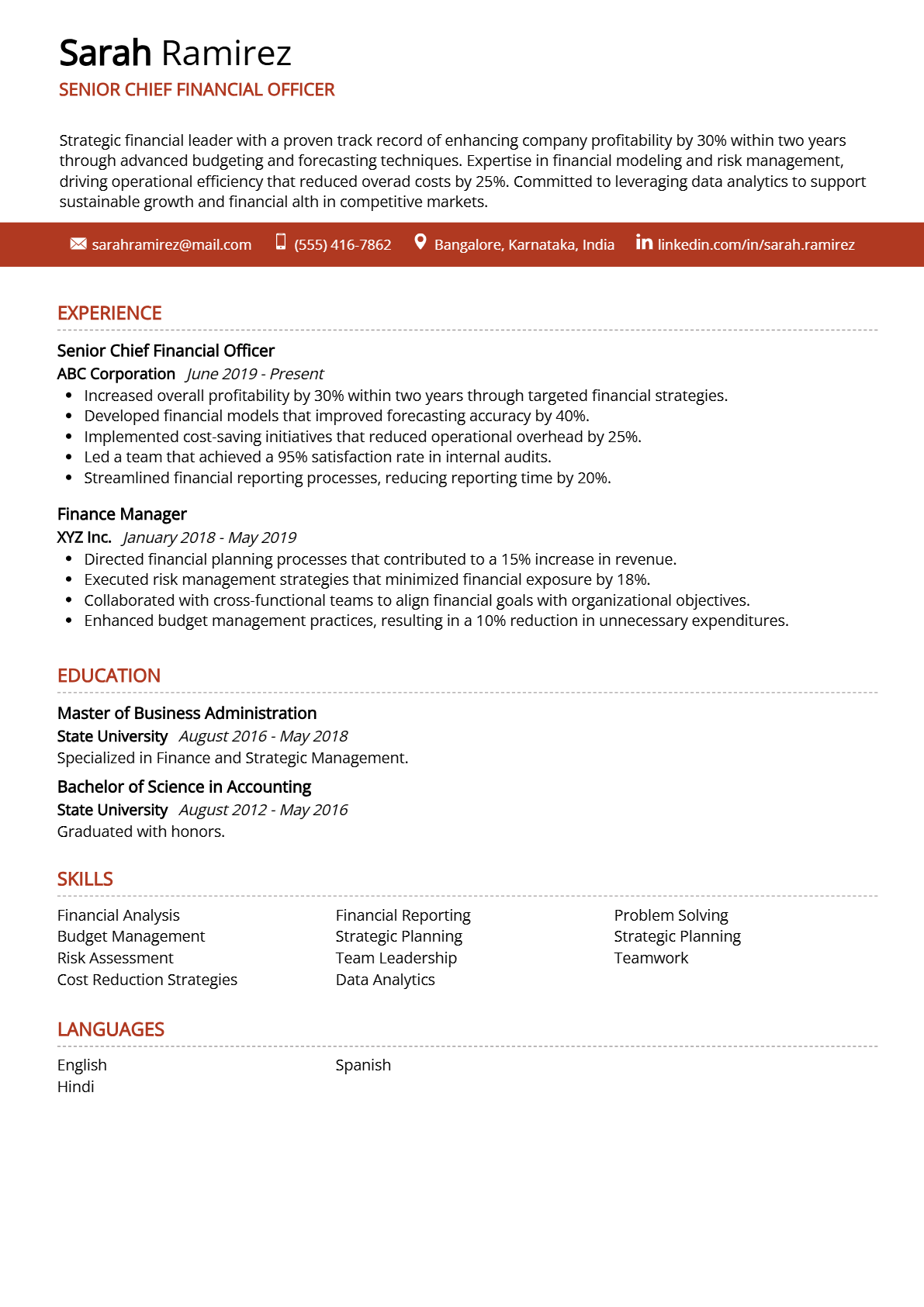 Senior Chief Financial Officer Resume - Resume Sample