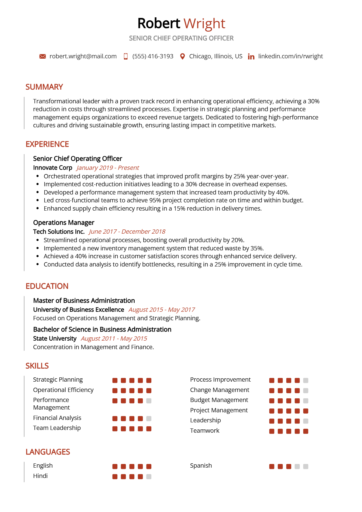 Senior Chief Operating Officer Resume
