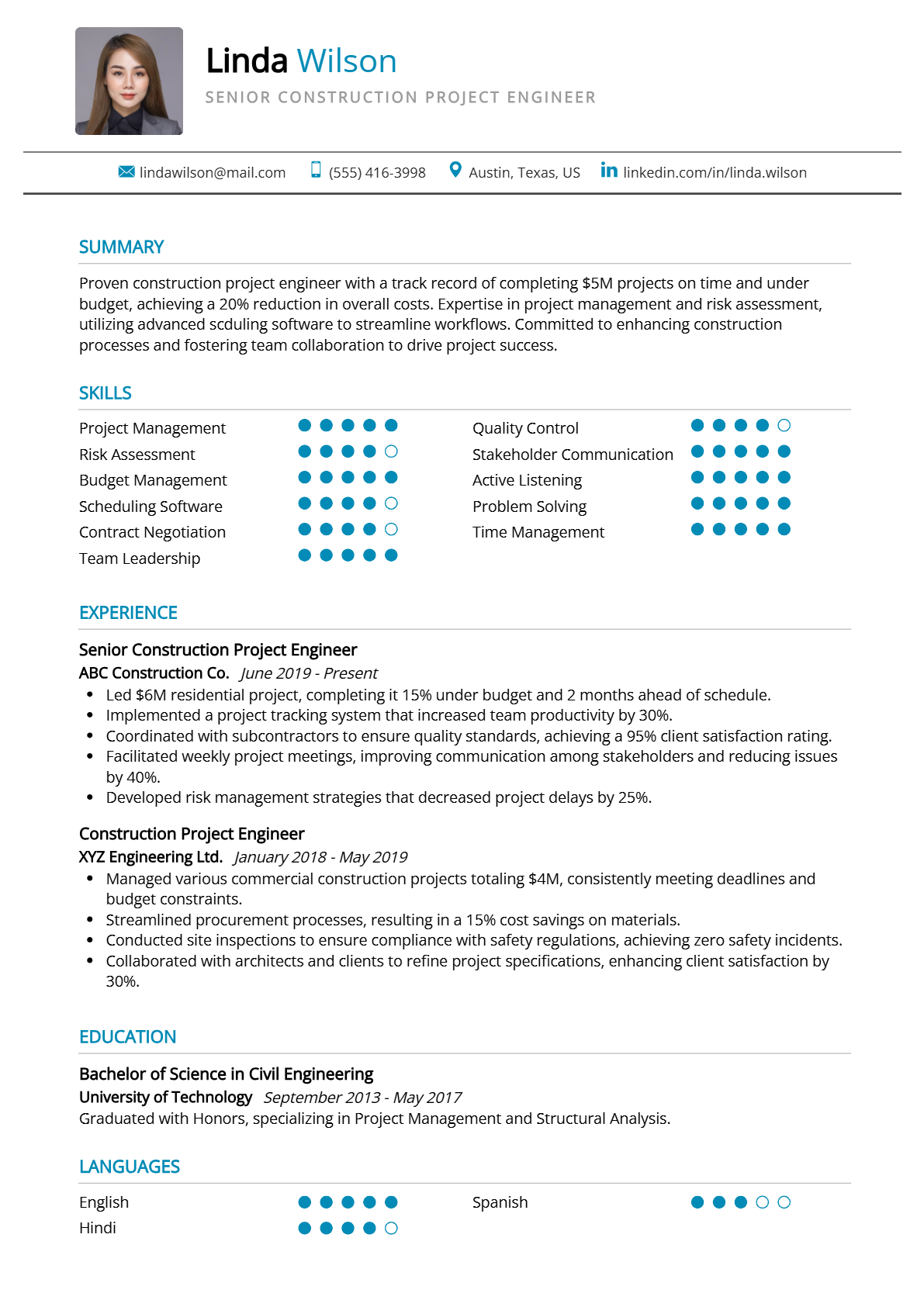 Senior Construction Project Engineer Resume