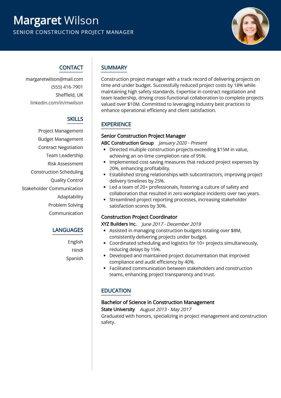 Senior Construction Project Manager Resume - Resume Sample