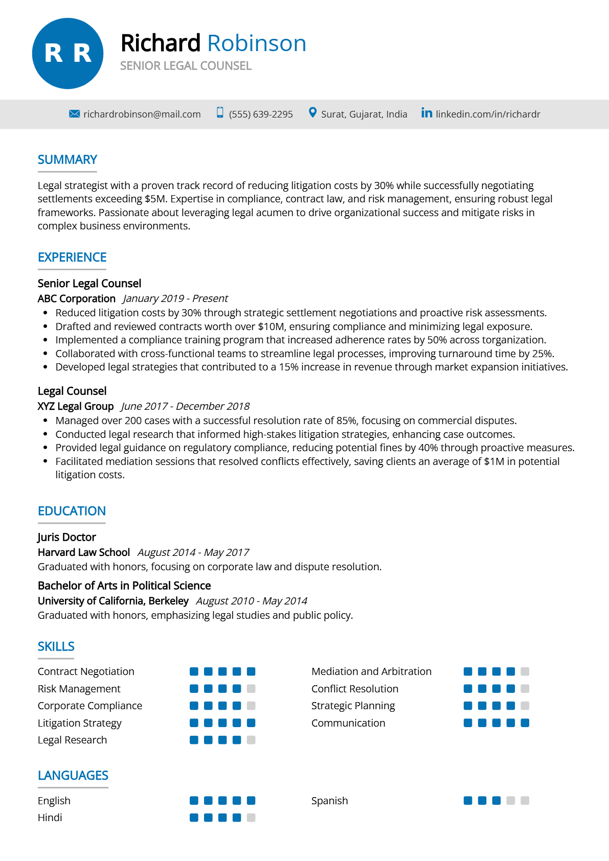 Senior Legal Counsel Resume - Resume Sample