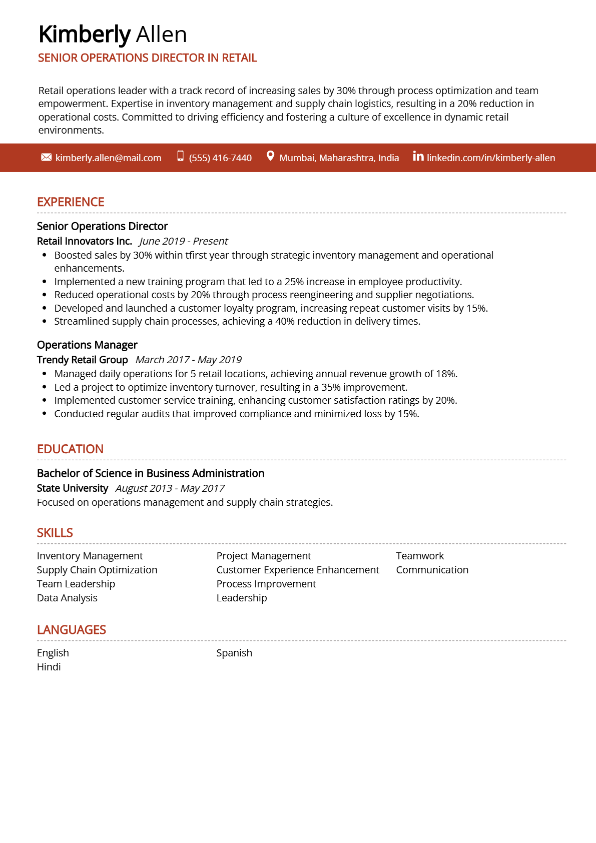 Senior Operations Director in Retail Resume - Resume Sample