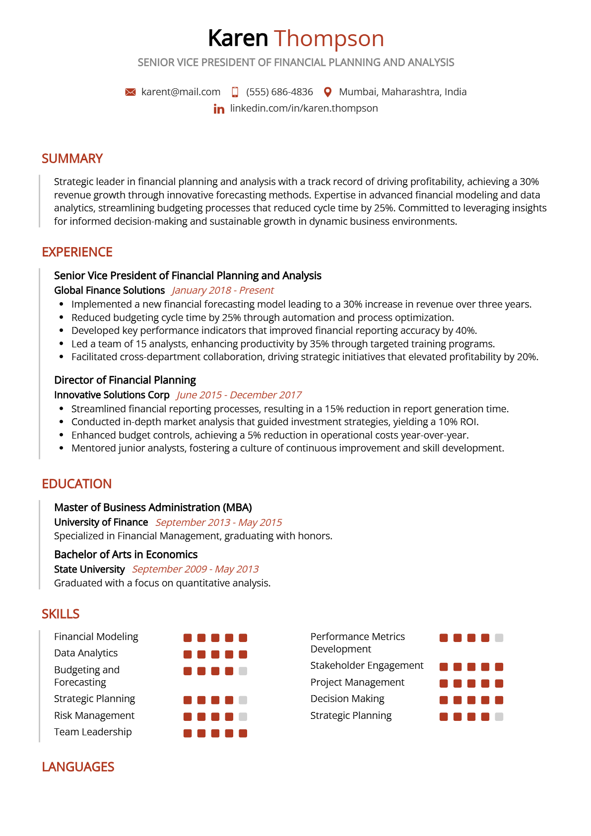 Senior Vice President of Financial Planning and Analysis Resume - Resume Sample