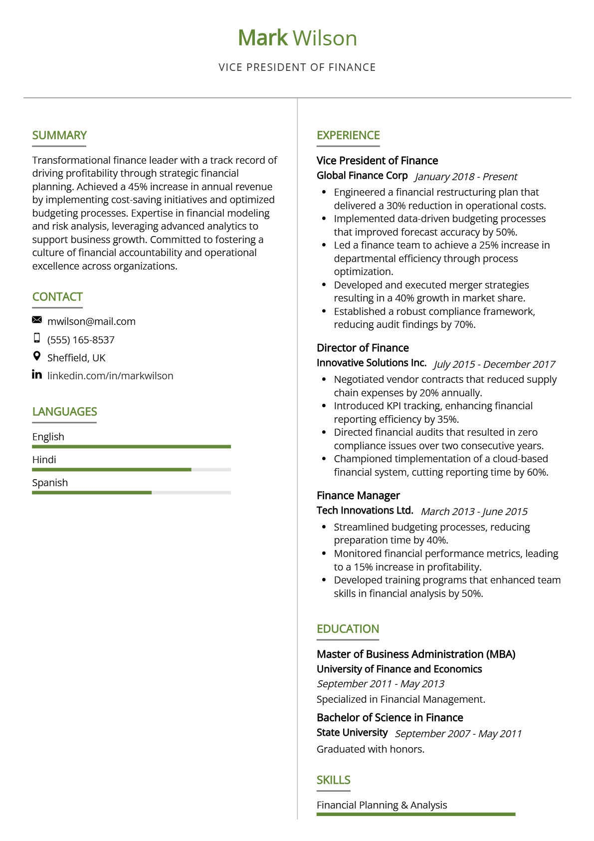 Vice President of Finance Resume - Resume Sample