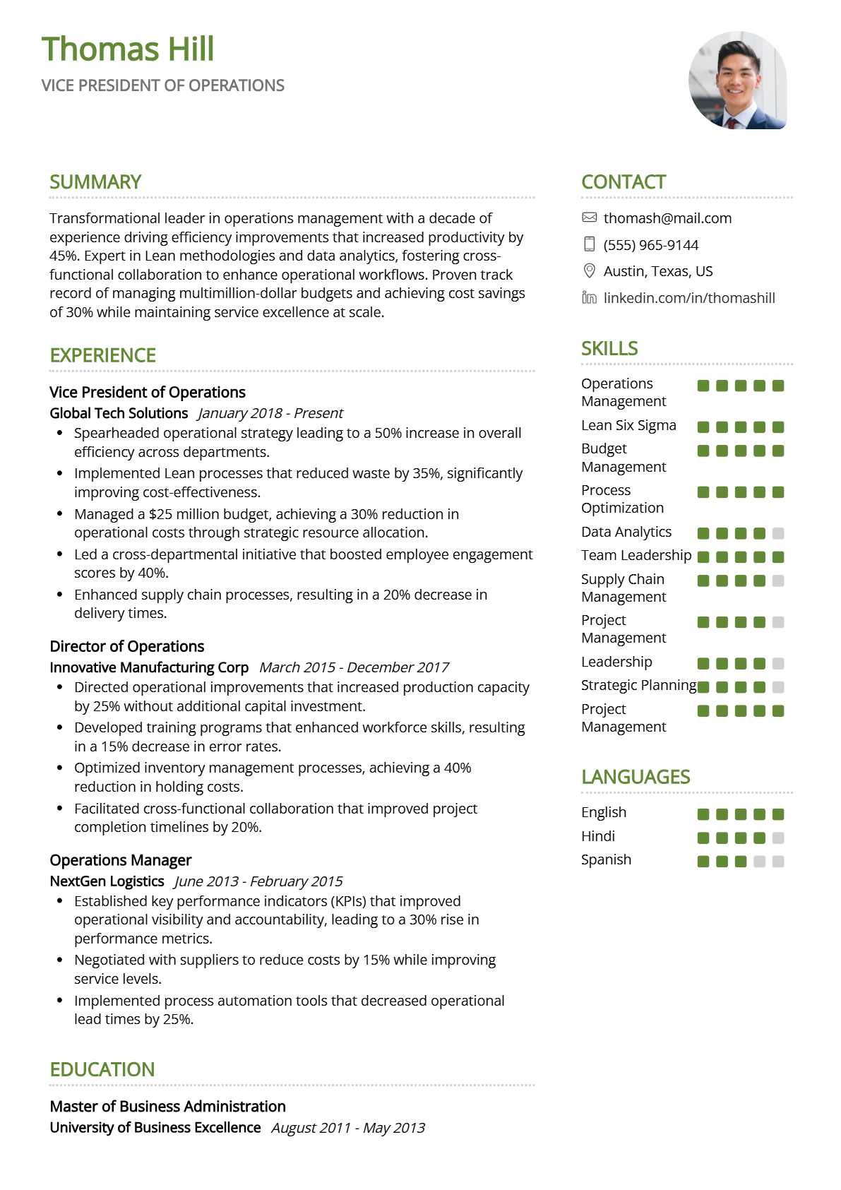 Vice President of Operations Resume - Resume Sample