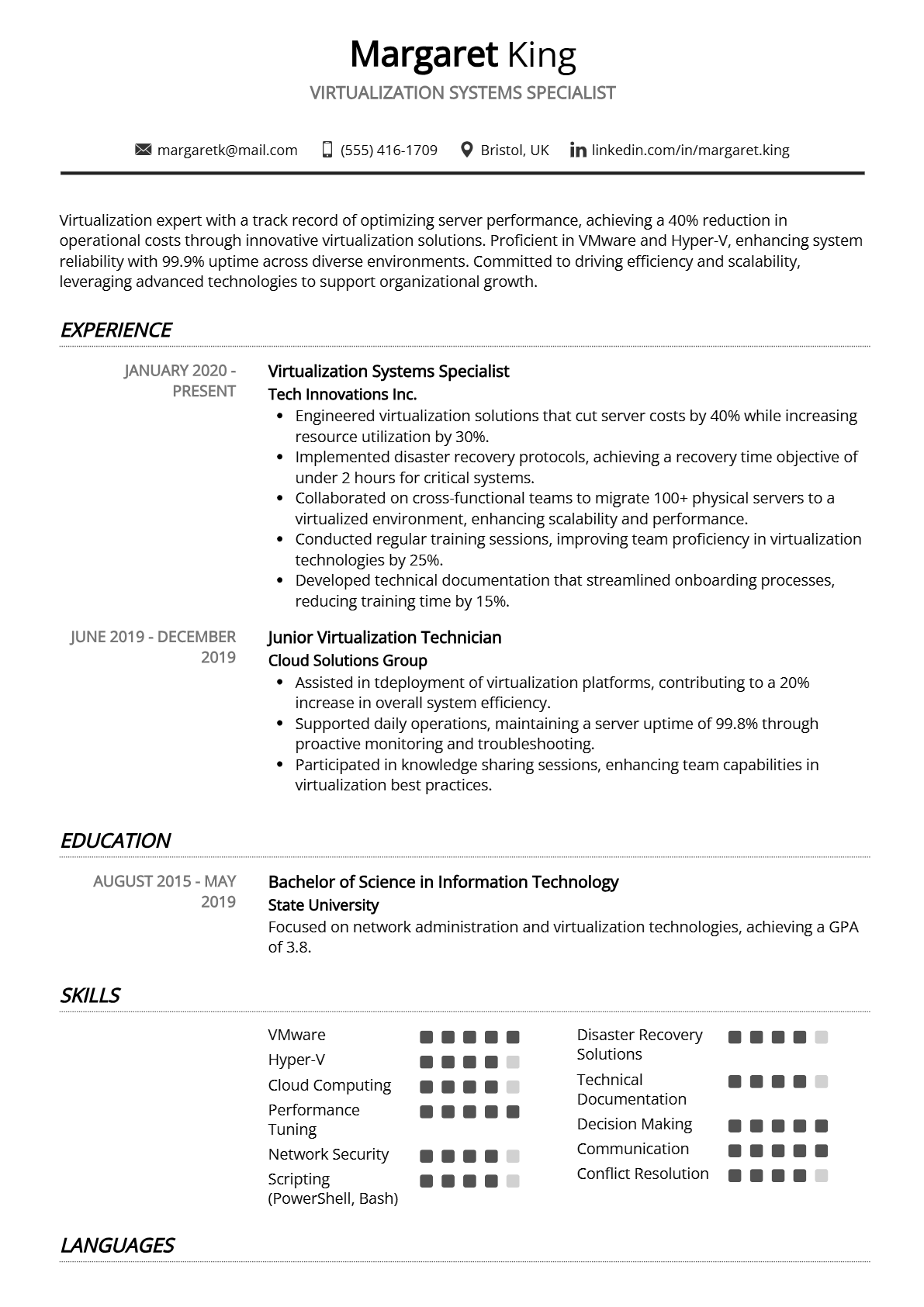 Virtualization Systems Specialist Resume - Resume Sample