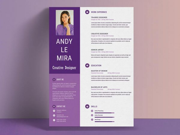 Purple Color Resume Template Free